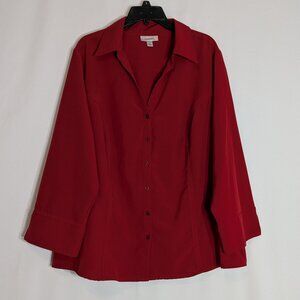 DRESSBARN Woman, Red Long Sleeve Collared Button Blouse; Size 2X